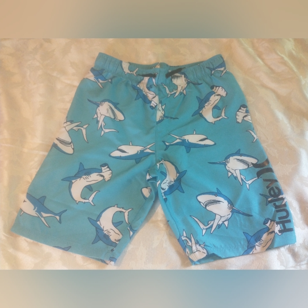 Hurley Boys Blue Shark Print Swim Trunks 10 - 12 New
